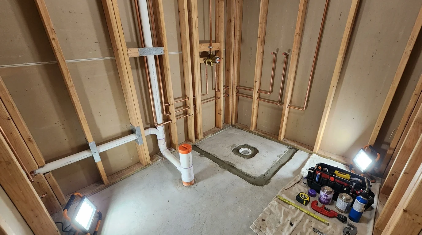 Bathroom rough-in plumbing during remodel by Johns Plumbing LLC in Green Cove Springs