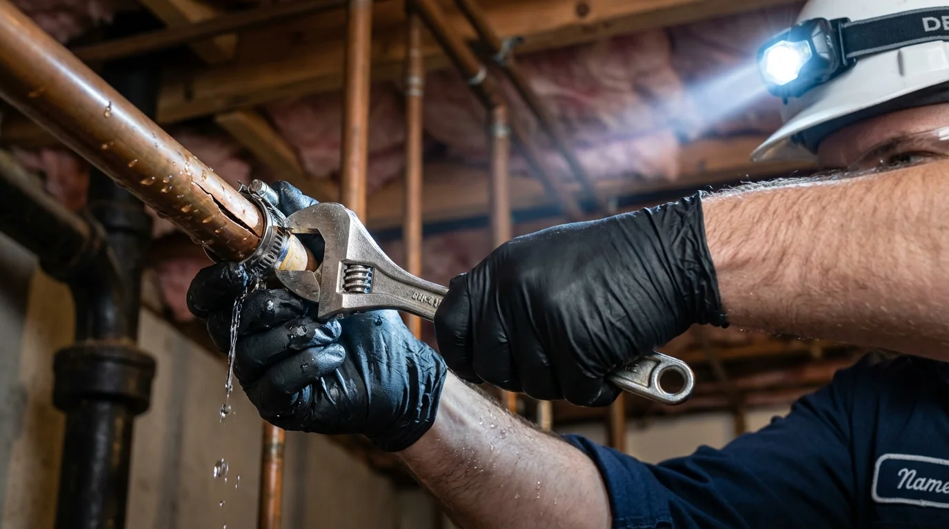 Emergency pipe clamp repair being performed by a Johns Plumbing LLC plumber in Green Cove Springs