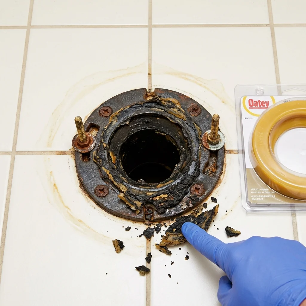 Failed wax ring showing water seepage at the base of a toilet in a Green Cove Springs, FL home