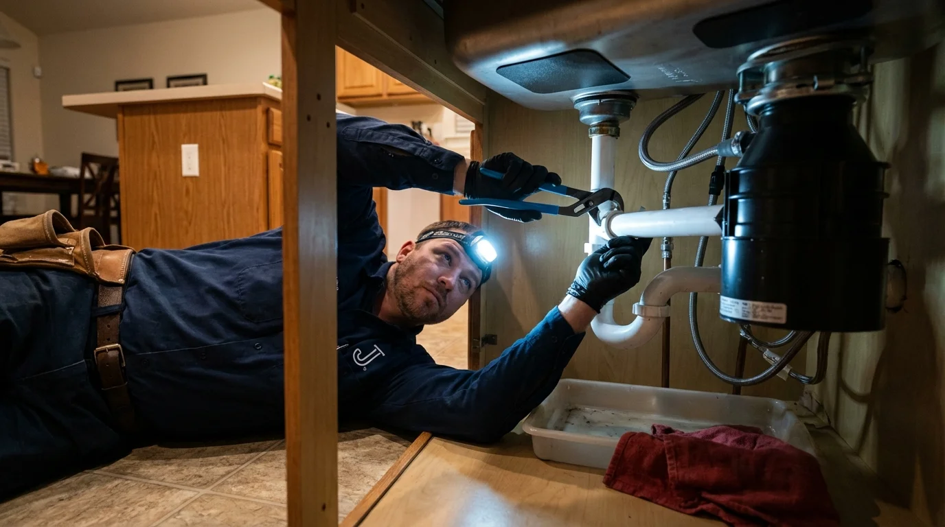 P-trap and supply line connections under a kitchen sink showing a common leak point in Green Cove Springs, FL